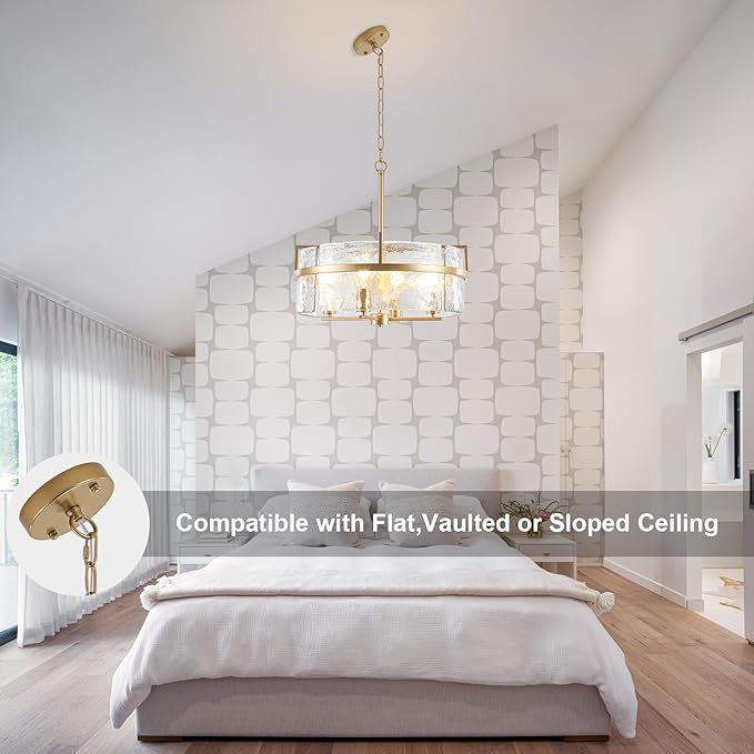 Modern Glass Chandelier,19.7" Gold Dining Room Light Fixtures Over Table Hanging Pendant Light Large Crystal Drum Chandelier for Entryway Foyer Living Room Kitchen Bedroom Bathroom,4-Light E26