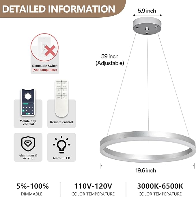 20" Modern Nickel Led Chandelier Ring Dimmable LED Chandeliers with Remote Control for Kitchen Island Height Adjustable Chandelier Led Pendant Light for Living Room Dining Room Bedroom Foyer