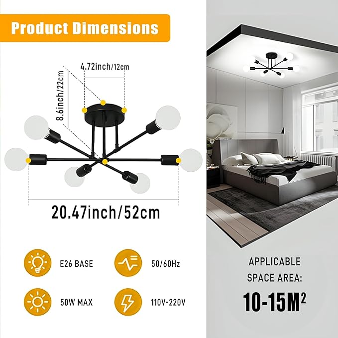 SPOLI Sputnik Ceiling Light Fixture, Dining Room Chandelier, Modern 6-Light All Black Industrial Pendant Semi Flush Mount for Kitchen Living Bedroom, E26 Base, Bulbs Not Included