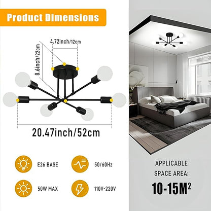 SPOLI Sputnik Ceiling Light Fixture, Dining Room Chandelier, Modern 6-Light All Black Industrial Pendant Semi Flush Mount for Kitchen Living Bedroom, E26 Base, Bulbs Not Included