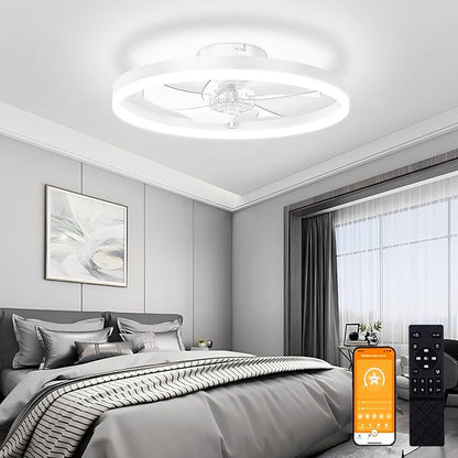 VOLISUN Low Profile Ceiling Fan with Lights and Remote, 15.7in Bladeless Ceiling Fans with Light Flush Mount, 3000K-6500K Dimmable Modern LED Fan Light, White Fandelier Ceiling Fans for Bedroom
