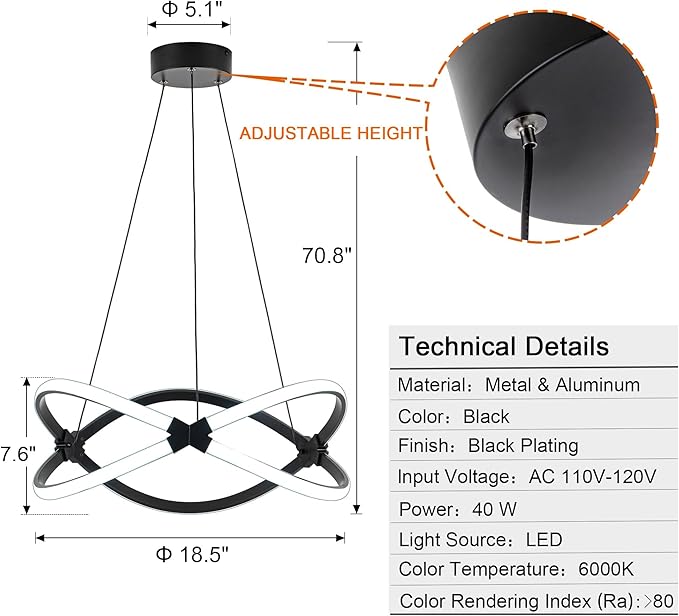 Mayful Modern LED Chandelier,3-Color Dimmable with Remote Control,Black Adjustable Height Pendant Light Fixtures with Circular Ring Shape,Modern Chandeliers for Dining Room Kitchen Island Living Room
