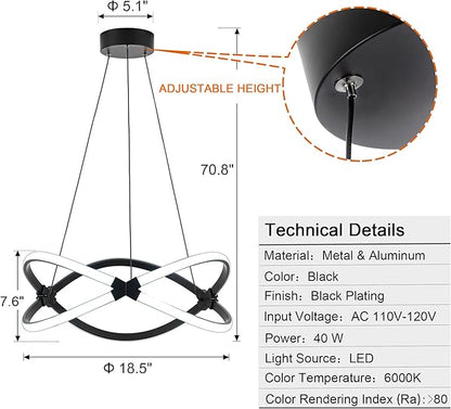 Mayful Modern LED Chandelier,3-Color Dimmable with Remote Control,Black Adjustable Height Pendant Light Fixtures with Circular Ring Shape,Modern Chandeliers for Dining Room Kitchen Island Living Room
