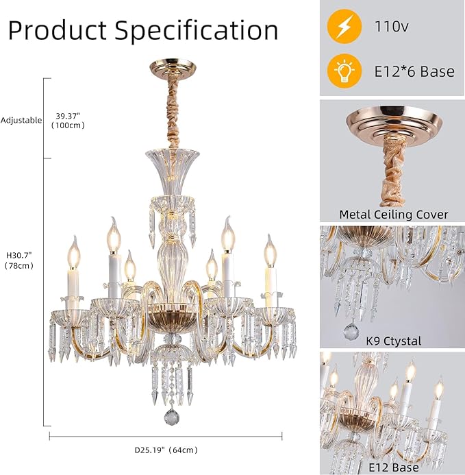 Crystal Chandeliers Light Dining Room：K9 Modern Candle Chandelier Lights for Bedroom - 6 E12 Bulbs Hanging Pendant Lighting Fixtures for Living Room Kitchen Farmhouse Hallway Ceiling Entryway