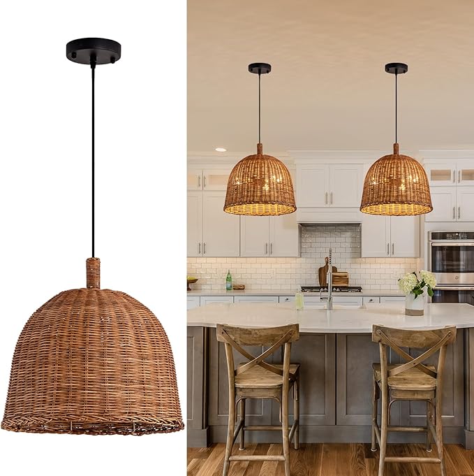 Rattan Pendant Light 13.8" Hand Weaving Wicker Dining Room Light 3-Light Boho Bracket Hanging Chandelier Fixture for Living Room Bedroom Kitchen Island Entry Hallway Farmhouse