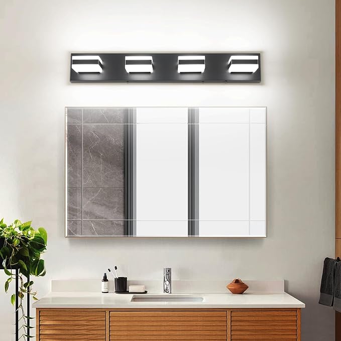 SOLFART Bathroom Light Fixtures, 4 Lights Modern LED Vanity Lights Over Mirror, Matt Black Bathroom Lights Cool Light 6000K