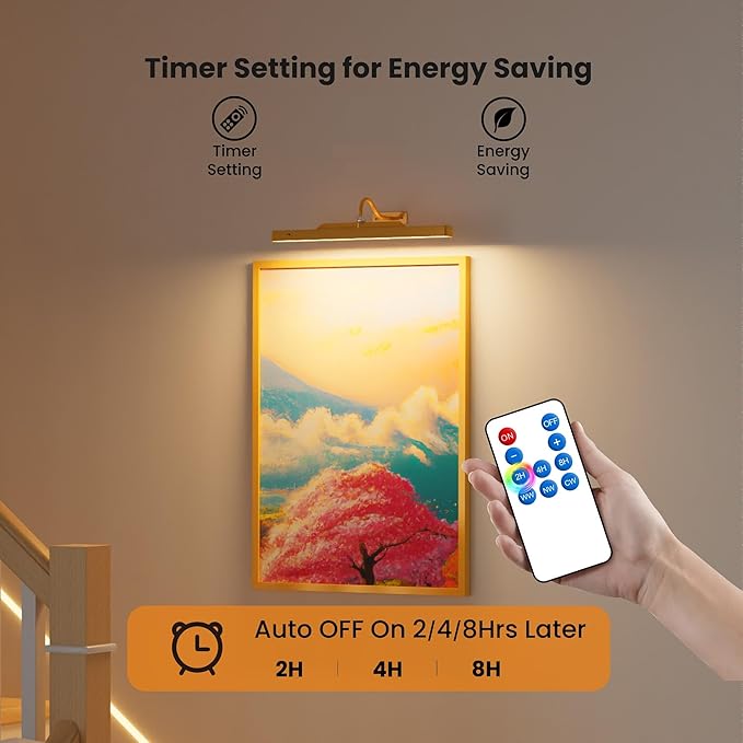 Wireless Picture Light Battery Operated, 1Pack Remote Control Painting Light with Timer, 13Hrs Service Life Art Display Light for Picture Frame Artworking Portrait, Poster, Photo, Mirror_Antique Gold