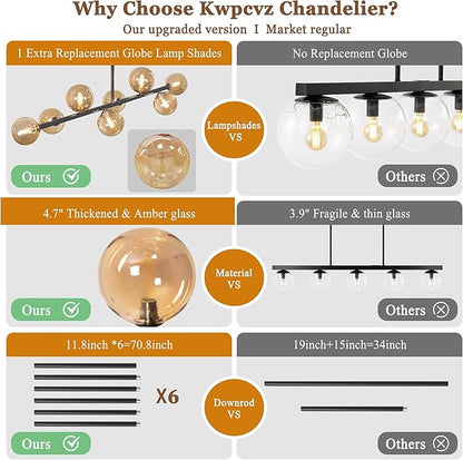 Linear Chandeliers for Dining Room, 8-Light Black Sputnik Chandeliers Modern Chandelier Linear Dining Room Light Fixture Mid Century Ameber Glass Globe Chandelier for Kitchen Island Living Room 37inch