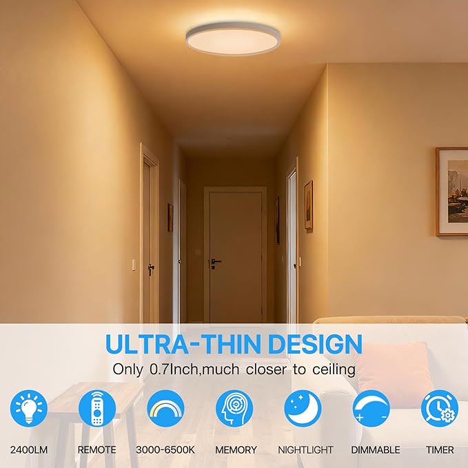 Dimmable LED Flush Mount Ceiling Light Fixture with Remote Control, 24W 2640LM, 12Inch, 2000K Warm Night Light & 3000K-6500K, Modern Super Slim Ceiling Lamp for Bedroom Kitchen, White, 1 Pack