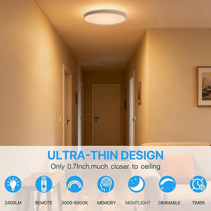 2Pack Dimmable LED Flush Mount Ceiling Light Fixture with Remote Control, 24W 2640LM, 12Inch, 2000K Warm Night Light & 3000K-6500K, Modern Super Slim Ceiling Lamp for Bedroom Kitchen, White
