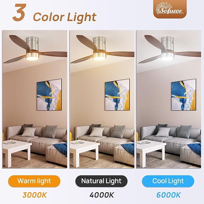 Sofucor 52 Inch Smart Ceiling Fans with Light-Modern Solid Wood Outdoor 3 Blades Ceiling Fan with Alexa/Google/APP/Remote Control for Bedroom Living Room Indoor Farmhouse Patio,DC Motor,Silver & Brown