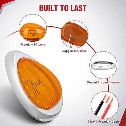 Nilight 2PCS 6 Inch Amber Teardrop Oval Side Marker Lights with Turn Signal 18 LED Amber Lens Chrome Housing IP67 Waterproof Universal Surface Mount Lamp for Freightliner Trucks Trailers Sleeper Cab