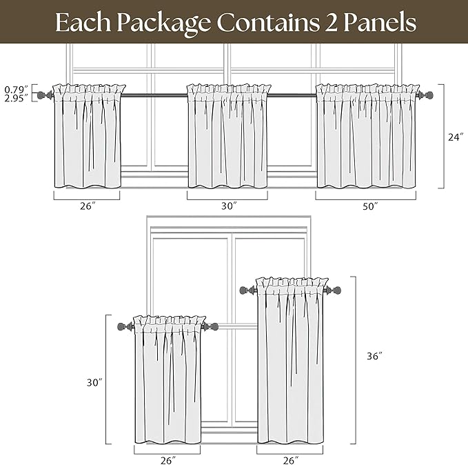 Farmhouse Kitchen Curtains with Rod Pocket 30 Inch Length 2 Panels Semi Sheer Privacy Rustic Flax Linen Short Curtains for Bathroom Cafe Camper Ivory White