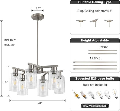 6-Light Farmhouse Brushed Nickel Chandelier,Modern Chandeliers for Dining Room Light Fixture Over Table,Adjustable Hanging Industrial Rustic Pendant Lights for Kitchen Island with Clear Glass Shade