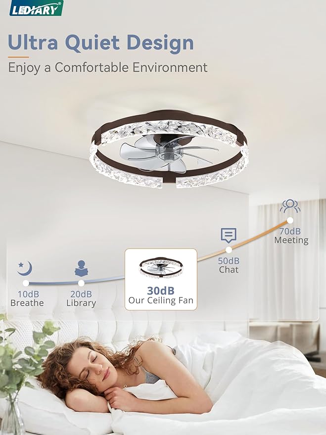LEDIARY 20 Inch Low Profile Ceiling Fans with Lights and Remote, Fandelier Ceiling Fan Flush Mount, 3000K-6000K Dimmable LED Fan Light, Brown Modern Ceiling Fans with Lights for Bedroom