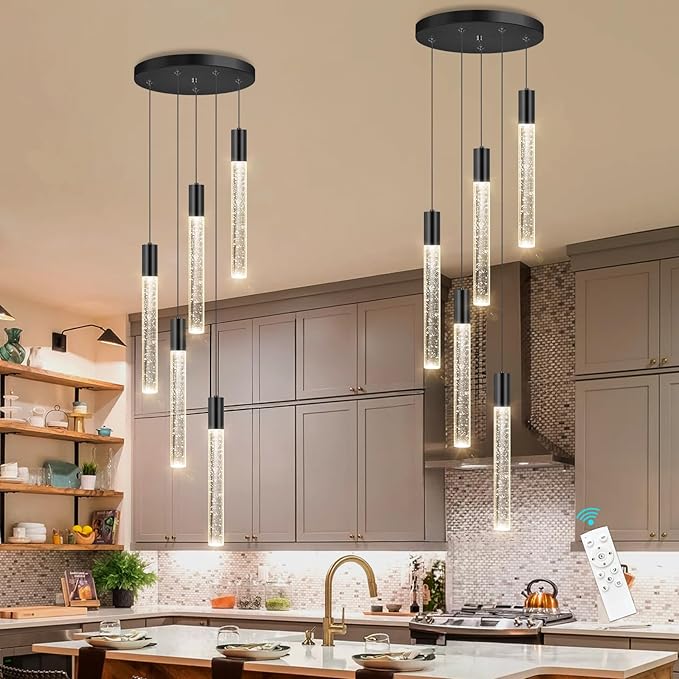 HAIXIANG 5-Lights Chandelier Modern Crystal Glam Light Remote Dimmable Pendant Lighting for Kitchen Island Dining Room Matte Black Light