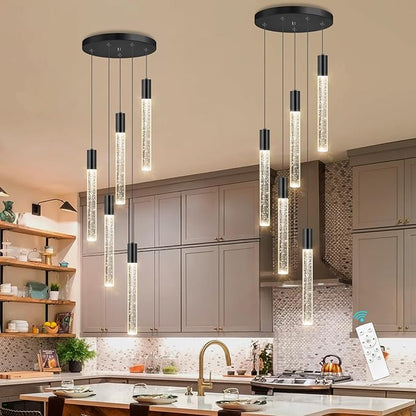HAIXIANG 5-Lights Chandelier Modern Crystal Glam Light Remote Dimmable Pendant Lighting for Kitchen Island Dining Room Matte Black Light