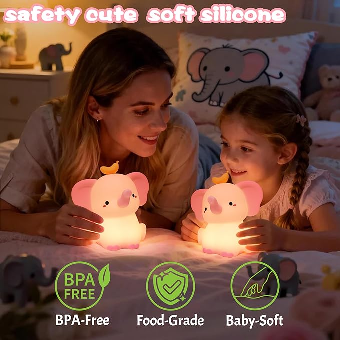OkiyiD Pink Elephant Night Light, Cute Squishy Silicone Lamp, Dimmable Touch Control Elephant Gifts for Girls Daughter, LED Nursery Bedside Lamp for Girls Room Decor Birthday Xmas Gifts
