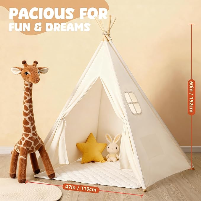 Sumbababy Teepee Tent for Kids, Cotton Canvas Indoor Play Tent, Foldable Toddler Sleepover Tents for Girls & Boys Slumber Party, Washable Gift Set with Star Lights, Banner & Carry Bag