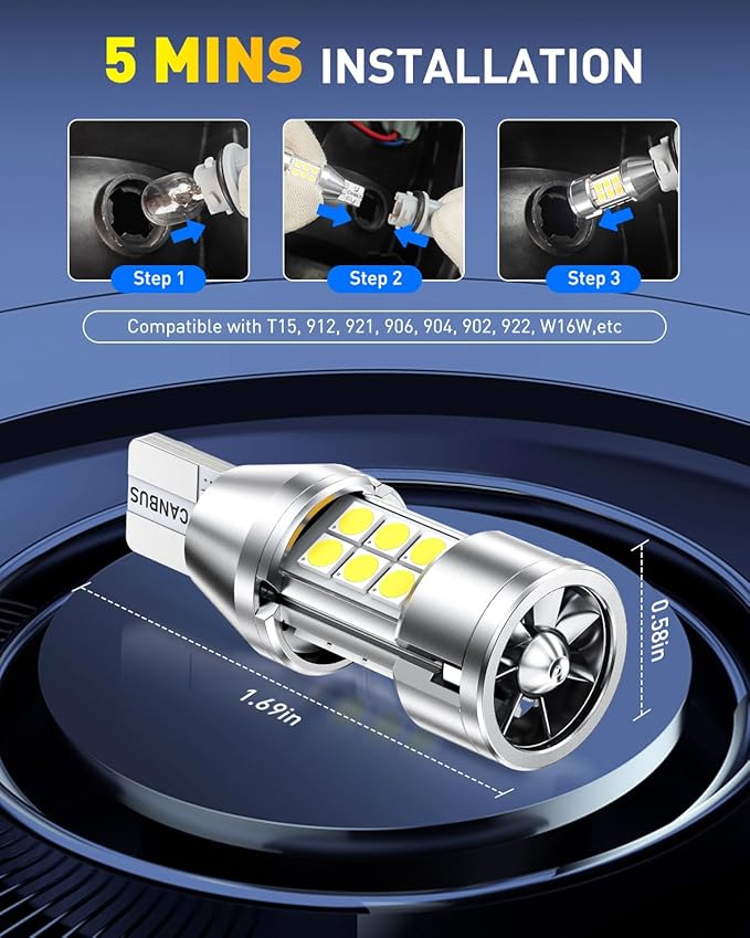 AUXITO 912 921 LED Reverse Light Bulbs, 700% Ultra Bright T15 W16W 906 904 LED Backup Lights with 3030-Chipsets, CANBUS Ready Plug and Play with Cooling Fan for License Plate Reverse Light, Pack of 2