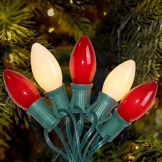 Christmas Multicolor String Lights, Vintage red White Christmas Decor with 26 Red/White Bulbs, 25FT UL Certified C9 Bulb String Lights Connectable for Outdoor Xmas Tree Garden Patio Wedding Decoration