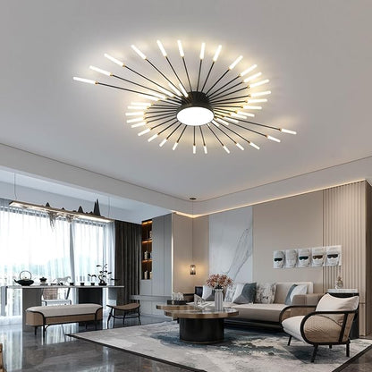 JAYMP 50.4" Ceiling Light Modern Flower Shape Ceiling Lamp for Living Room Dining Room Flush Mount Metal Acrylic Sputnik Firework Petal LED Lighting Fixture (Matte Black, 42+1 Lights)