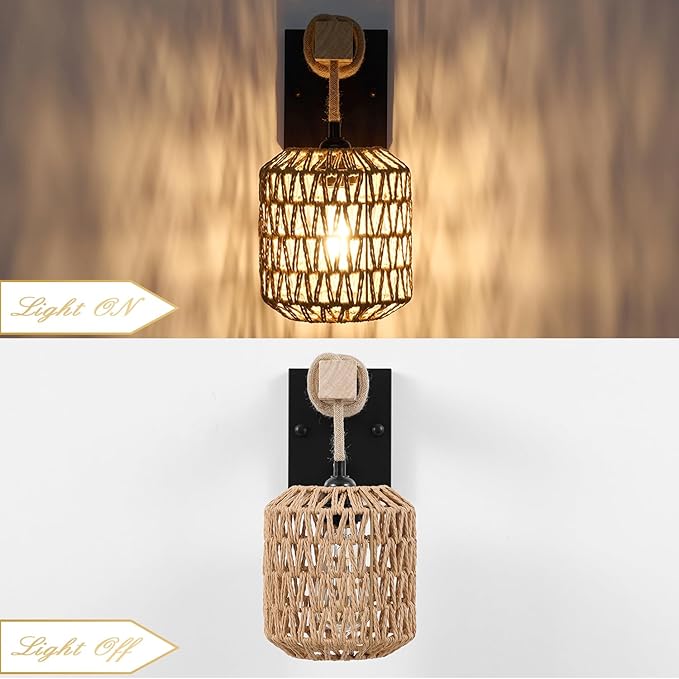 Rattan Boho Wall Sconces Set of Two, Hardwired Hand-Woven Farmhouse Wall Lamps with Wooden Arm & On/Off Dimmable Switch,Large Rustic Indoor Wall Mount Light Fixtures for Bedroom Nursery Bathroom