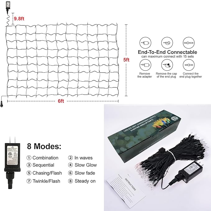 Neoclassy 120Led Red Christmas Net Lights Outdoor 5ft x 6ft Connectable, 8 Modes Waterproof Black Wire 29V Plug in Mesh Net Christmas Lights for Garden, Yard, Bushes, Trunk, Xmas Tree Decor (Red)