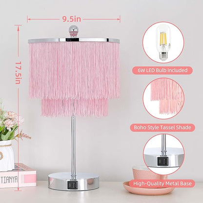 Pink Lamps Set of 2 for Girls Room, 3-Way Dimmable Touch Lamps with USB Port, Girls Lamps with Tassel Lampshade for Bedroom, Living Room, Dresser, Nightstand, LED Bulbs Included
