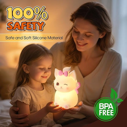 Cute Cat Night Light for Kids, 7 Color Changing & Dimmable, Super Squishy Silicone USB Rechargeable Lamp, Portable Nursery Light & Kawaii Gift for Baby, Boys, Girls & Adults, for Bedroom Decor