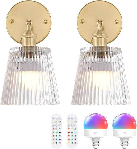 Shenmoyl Vintage Battery Operated Wall Sconce with Transparent Stripe Glass Lampshade Rechargeable Battery Powered Wall Light with Remote Control for Bedside Bedroom Doorway, Set of 2