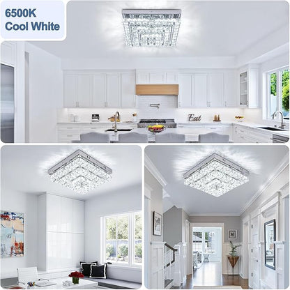 11.8" Crystal Chandelier LED Crystal Flush Mount Ceiling Light Modern Chandeliers Square Ceiling Light for Bedrooms Hallway Kitchen Office (6500K Cool White) Without Remote Control