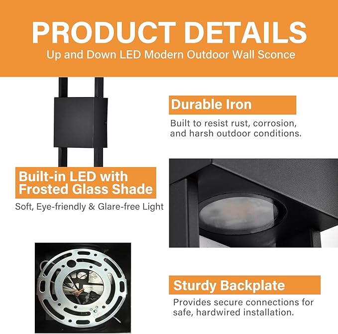 COTTAGE LIFE Modern Outdoor Wall Sconce 2 Pack, Up & Down Integrated LED Wall Lights, Black Exterior Decorative Light Fixture for House, Front Door & Patio, Hardwired 3000K Warm White, 10W
