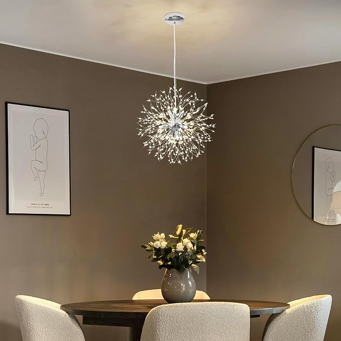 Modern Dandelion Firework Chandelier, Chrome Bathroom Chandelier, Crystal Hanging Pendant Lighting Fixture for Dining Room, Bedroom, Entryway, Foyer, 9-Light