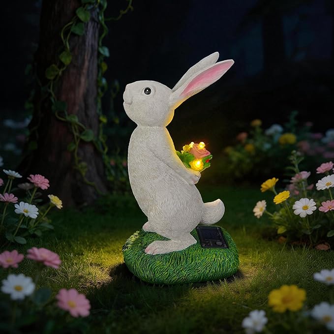 Cute Solar Bunny Garden Statue with Warm LED Flower Lights, Handcrafted Outdoor Rabbit Decor for Patio, Balcony, Yard, Lawn, Ideal Easter, Birthday & Holiday Gifts for Women, Mom
