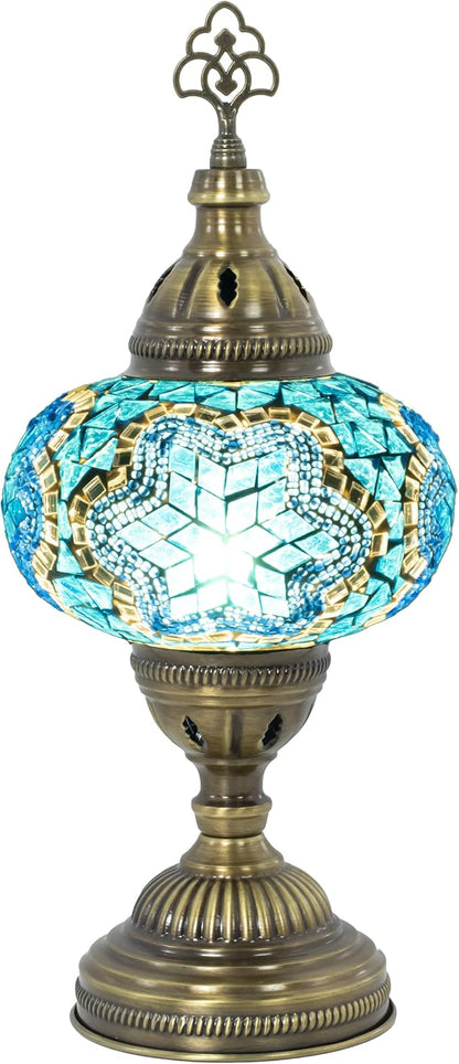 Turkish Mosaic Table Lamp with Bulb – Handmade Turquoise Blue Stained Glass Bedside Light, Authentic Vintage Boho Decor with E12 Socket & US Plug