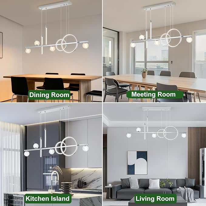 ORANOOR Modern LED Pendant Lights, Dimmable 47in Silver LED Chandelier Lighting, Upgraded Chrome Linear Dining Room Hanging Light Fixtures Kitchen Island Globe Pendant Light for Dining Table (4200lm)