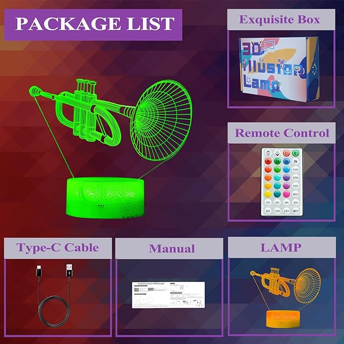 Trumpet Night Light, Trumpet Gifts, 3D Illusion Lamp with 16 Colors Changing, Timer, 4 Flash Modes and Dimmable, Kids Boys Girls Room Decoration, Holiday Xmas Gifts