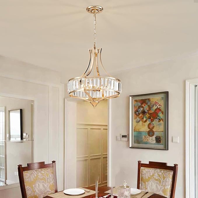 Crystal Chandeliers for Dining Room Modern Farmhouse 4-Light Rustic Mid Century Chandelier with Round Metal Lampshade, Perfect for Hallway Bedroom Foyer, Brush French Glod