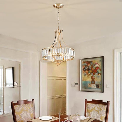 Crystal Chandeliers for Dining Room Modern Farmhouse 4-Light Rustic Mid Century Chandelier with Round Metal Lampshade, Perfect for Hallway Bedroom Foyer, Brush French Glod