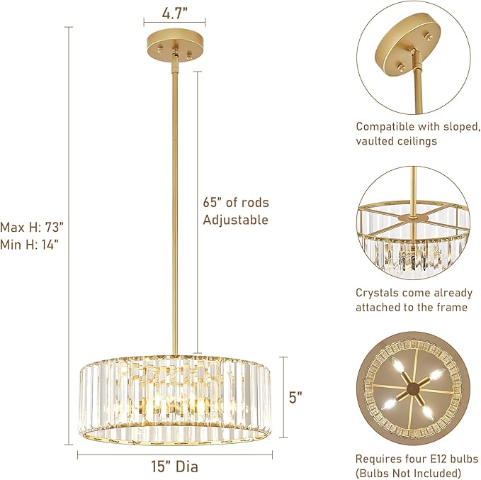 YURNYQ Gold Crystal Chandelier for Dining Room, 4-Light Modern Semi Flush Mount Chandelier Lighting Fixtures, Round Kitchen Hanging Drum Pendant Lights Ceiling for Bedroom Entryway Foyer, 15 Inch