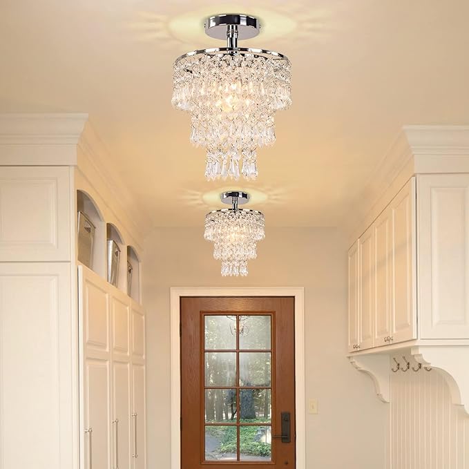 FRIXCHUR Small Crystal Chandelier Led Crystal Ceiling Lights 3 Tiers Crystal Raindrops Chandelier Pendant Lighting Fixture Decoration for Bedroom Hallway Living Room,Chrome, E26