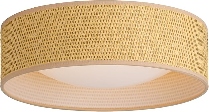 CALOKES 13" Woven Rattan-Style Boho Flush Mount Ceiling Light, LED 24W 3000K Closed to Ceiling Light Fixture with Classic Linen Drum Design for Bedrooms, Kitchen, Dining Room, Hallway