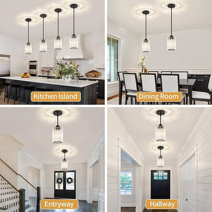 3 Pack Black Pendant Lights Kitchen Island, Modern Crystal Kitchen Pendant Lighting Over Island, Adjustable Hanging Bathroom Light Fixtures Mini Pendant Light for Dining Room Hallway Entryway Foyer