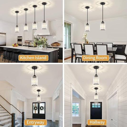 3 Pack Black Pendant Lights Kitchen Island, Modern Crystal Kitchen Pendant Lighting Over Island, Adjustable Hanging Bathroom Light Fixtures Mini Pendant Light for Dining Room Hallway Entryway Foyer