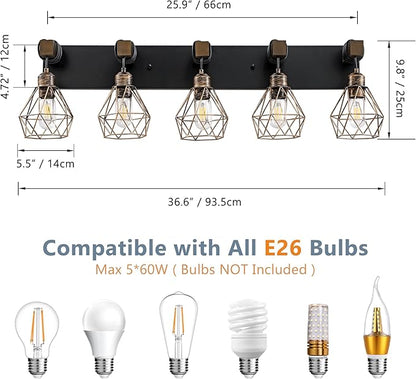Black Gold Farmhouse Bathroom Light Fixtures, 5-Light Bathroom Lighting Fixtures Over Mirror, Rustic Wood Vanity Lights Wall Sconces with Metal Lampshade for Living Room