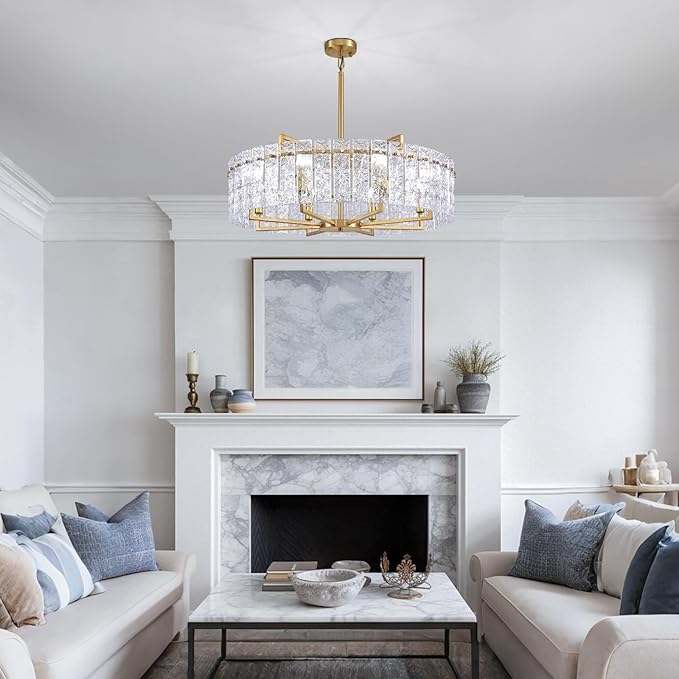 31.5" Modern Water Ripple Glass Chandeliers, Luxury 8-Light Round Drum Chandelier, Large Gold Pendant Lighting Fixtures for Living Room Dining Room Bedroom Hotel