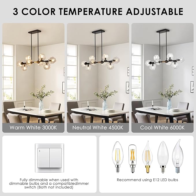 Jonsi Modern Linear Chandeliers 8 Light Clear Glass Dining Room Light Fixture 39"" Black Mid Century Chandelier Pendant Light for Living Room Kitchen Island