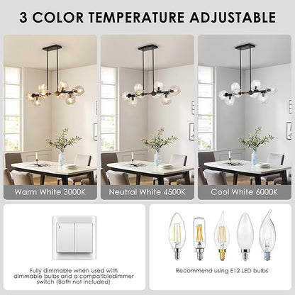 Jonsi Modern Linear Chandeliers 8 Light Clear Glass Dining Room Light Fixture 39"" Black Mid Century Chandelier Pendant Light for Living Room Kitchen Island