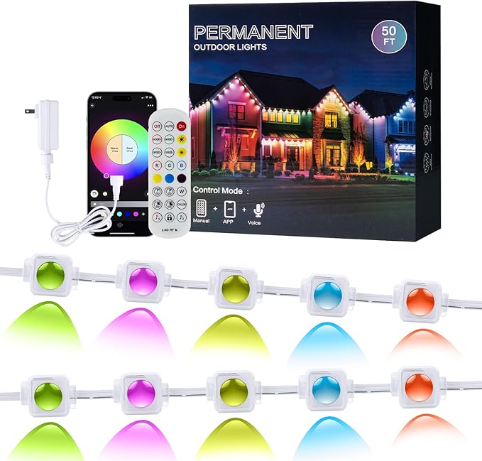 Permanent Outdoor Lights 50ft 30 LED RGB+IC, APP Control with Remote, Music Sync DIY DreamColor, Timing Warm Cool White, IP65 Waterproof for Halloween Christmas House Eave Decorations